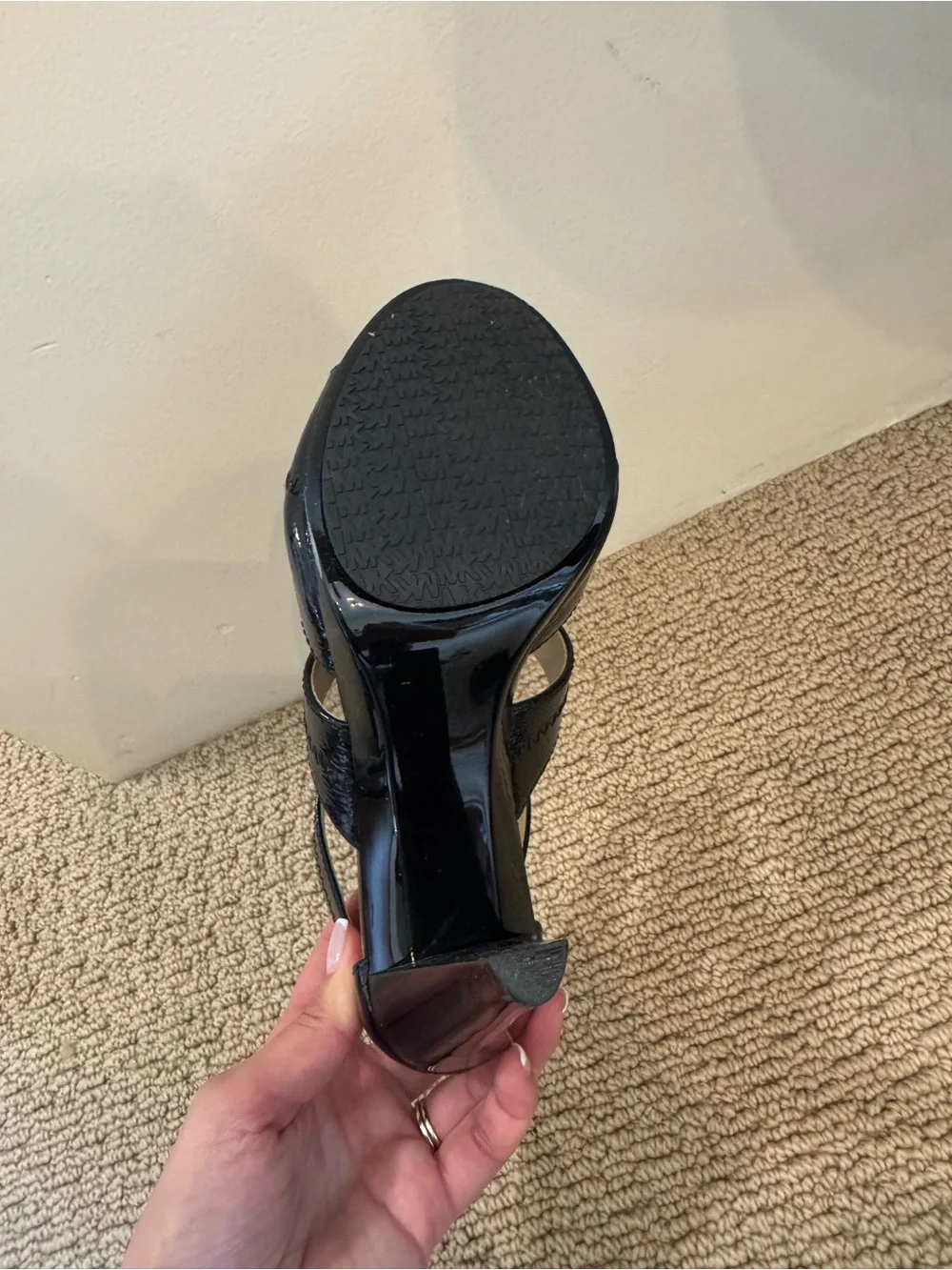 Michael Kors Black Patent Leather Front-Zip Strappy Heels